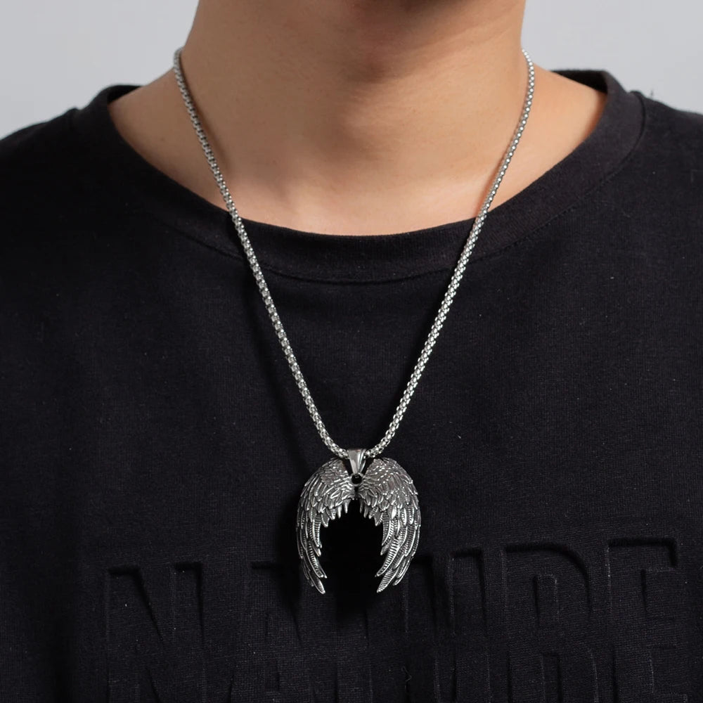 Retro Angel Wing Pendant Necklace Stainless Steel Hip Hop Punk Style Silver Color Birthday Party Gift for Men Women Neck Jewelry