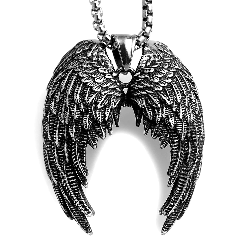 Retro Angel Wing Pendant Necklace Stainless Steel Hip Hop Punk Style Silver Color Birthday Party Gift for Men Women Neck Jewelry
