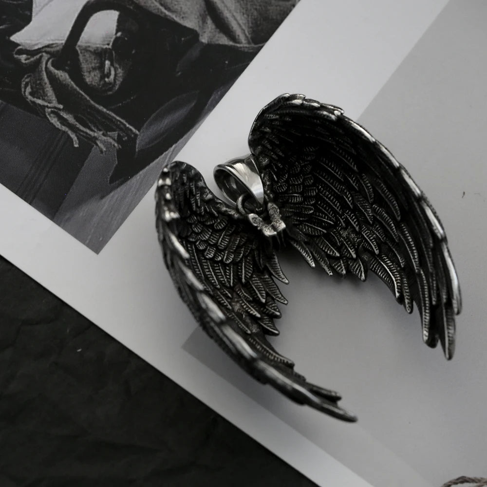 Retro Angel Wing Pendant Necklace Stainless Steel Hip Hop Punk Style Silver Color Birthday Party Gift for Men Women Neck Jewelry