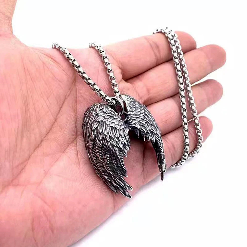 Retro Angel Wing Pendant Necklace Stainless Steel Hip Hop Punk Style Silver Color Birthday Party Gift for Men Women Neck Jewelry